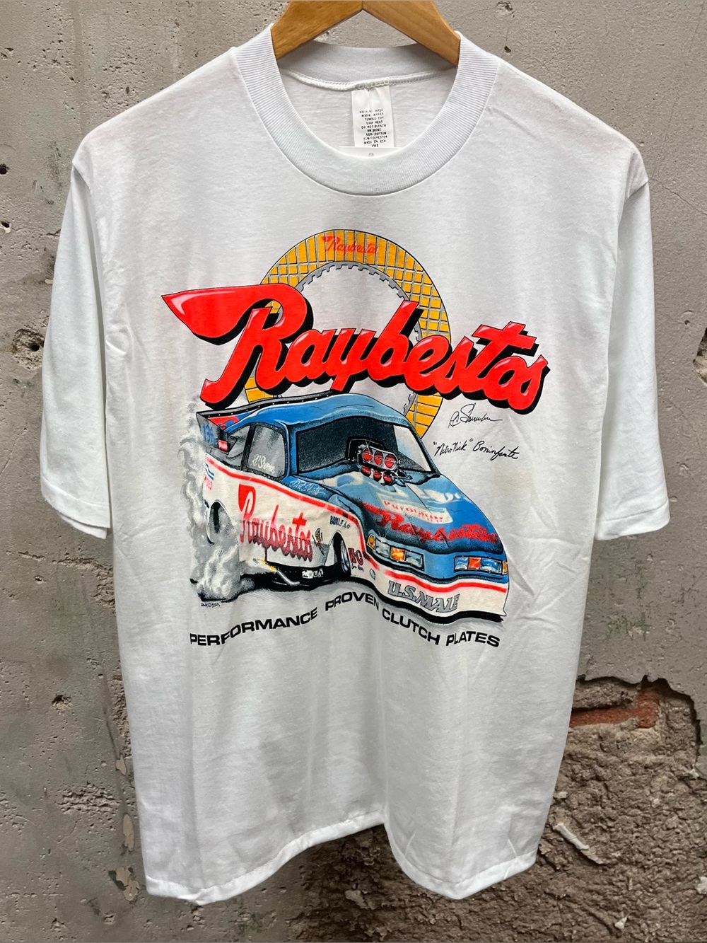 Ray Bestos Vintage 80s White Racing Neon Graphic T-Shirt 2XL USA Made NASCAR XXL